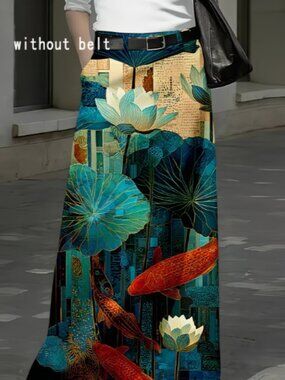 Womens long skirt with koi and lotus